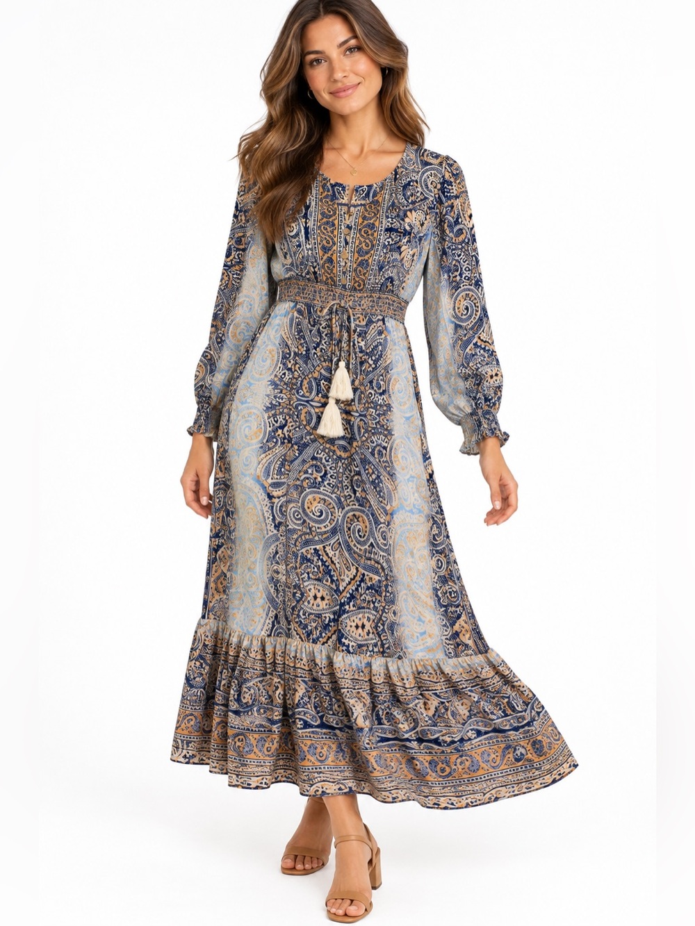 Lapogee Size Large Boho Paisley Maxi Dress in Blue and Cream